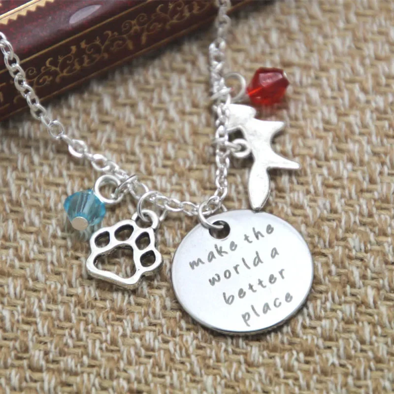 

12pcs/lot Zoo Necklace Make the world a better place Inspirational necklace Animal paw print fox crystals Jewelry