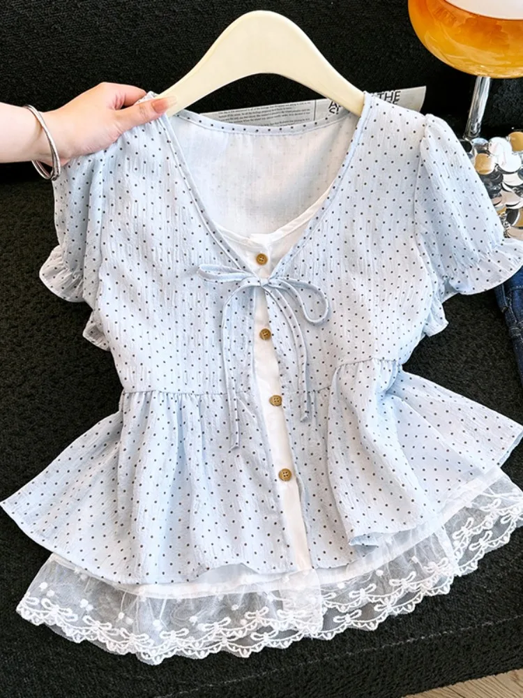 

Blue Polka Dot Short Sleeve Lace Mesh Splice Knot Tied Layered Top Women's Summer Unique Beautiful Shirt Casual Slim Fit Bubb...