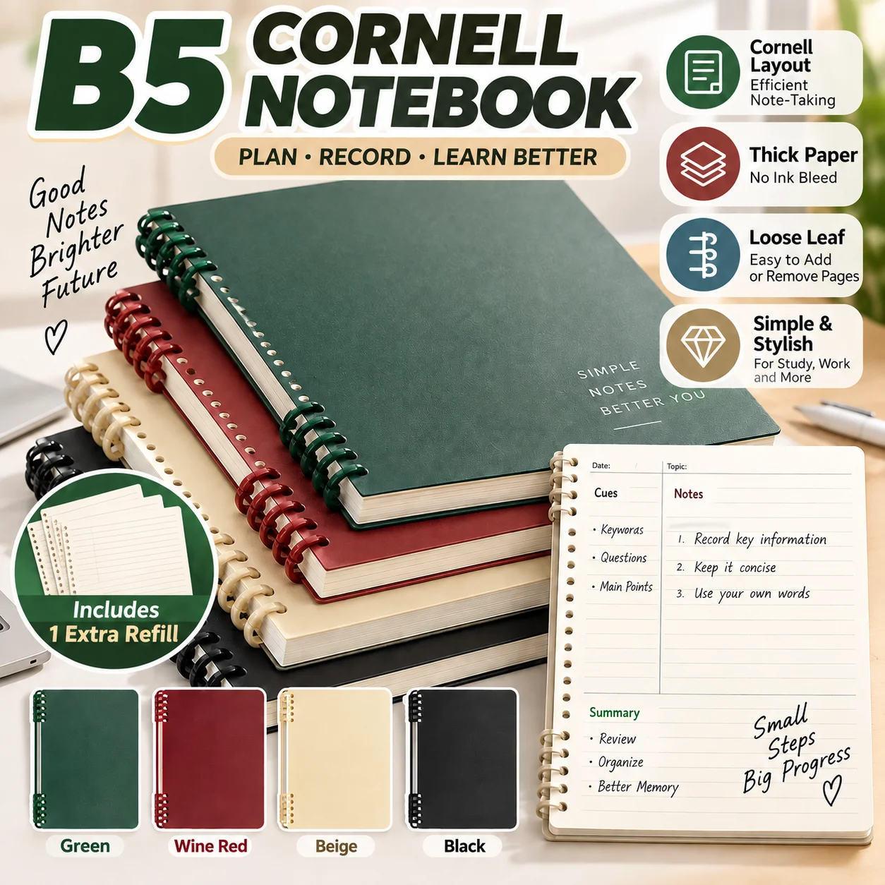 B5 Refillable Loose Leaf Cornell Notebook 120 Pages With Extra Refill Removable Binder Thick Ruled Paper For School College