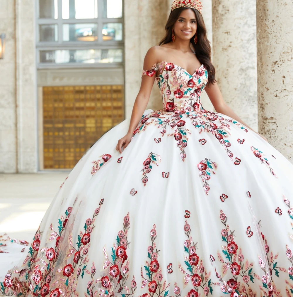 Lorencia ชุดเดรสสีขาว quinceanera เปิดไหล่ชุดไปงานเต้นรำผ้าออร์แกนซ่าปักเลื่อมเม็กซิกันหวาน16งานพรอม15 YQD196