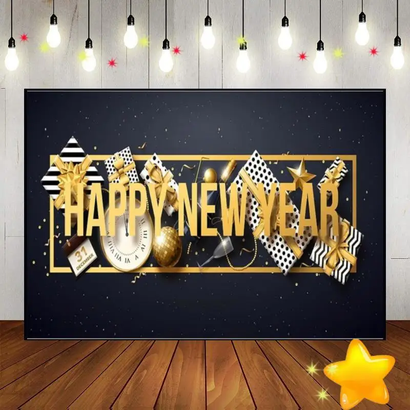 

Happy New Year Party Baby Shower Background Champagne Wine Photography Backdrops Clock Count Down Lamp Band Photo City Night Eve