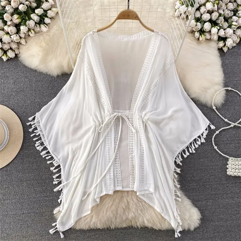 

Beach Vacation Tassel Cardigan Chiffon Sunscreen Jacket Loose Air Conditioning Shawl Women's Summer Cover Up Tops Z1136