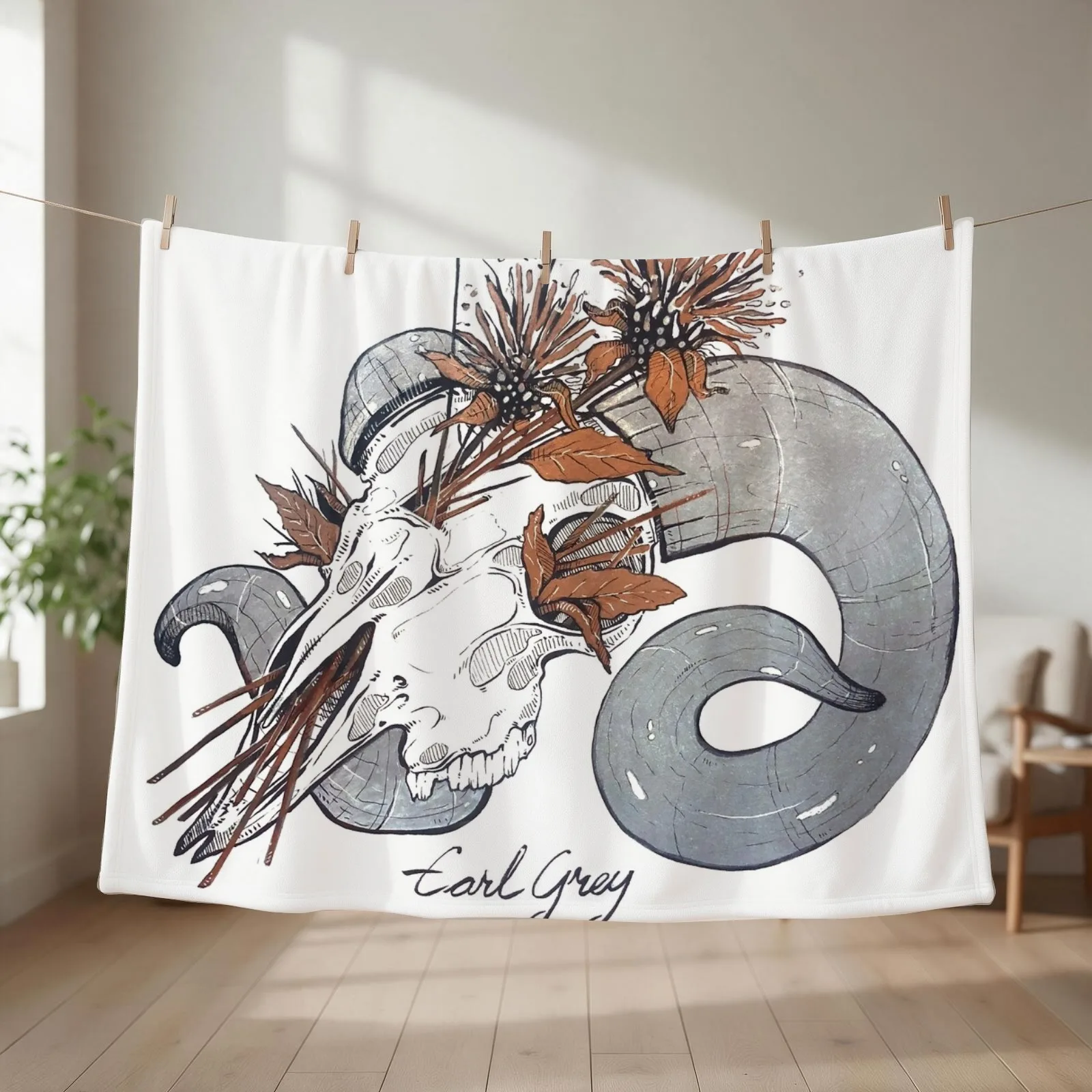MorbidiTea - Earl Grey with Ram Skull Throw Blanket couch cozy soft plush fuzzy picnic outdoor blanket
