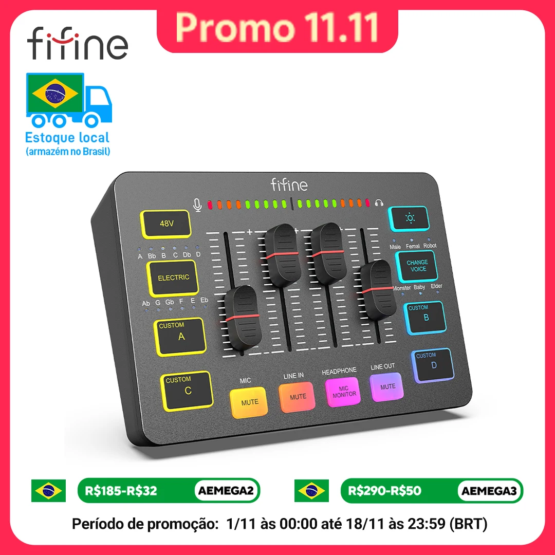 XLR 마이크 인터페이스, 48V 팬텀 전원, RGB, 팟캐스팅 스트리밍 AmpliGame SC3용 사운드 카드가 포함된 FIFINE USB 게임 믹서
