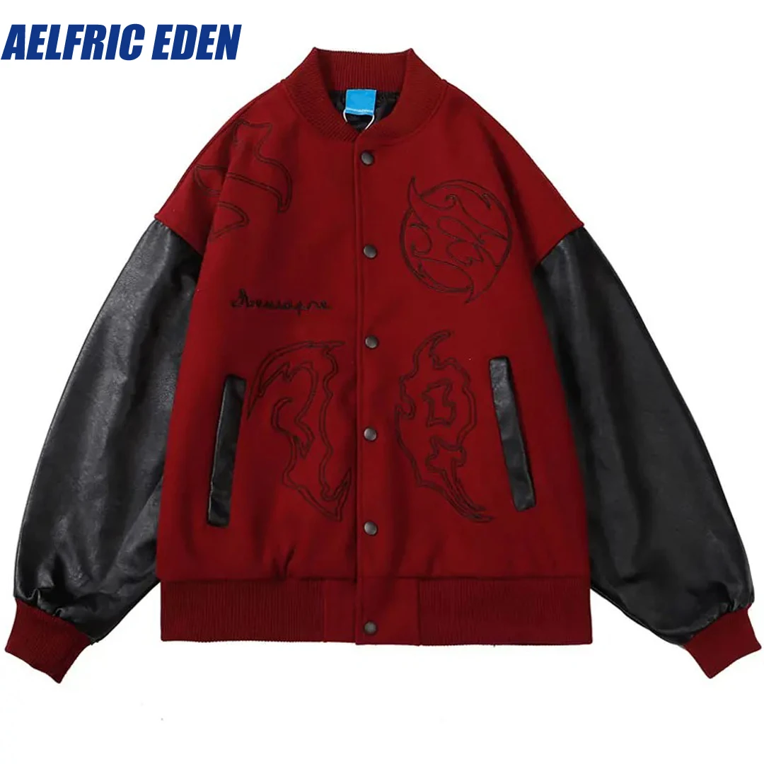 Aelfric Eden Mens Patchwork Baseball Jacket Hip Hop Varsity Retro Embrodiery Bomber Coats Harajuku Casual Varsity College Jacket