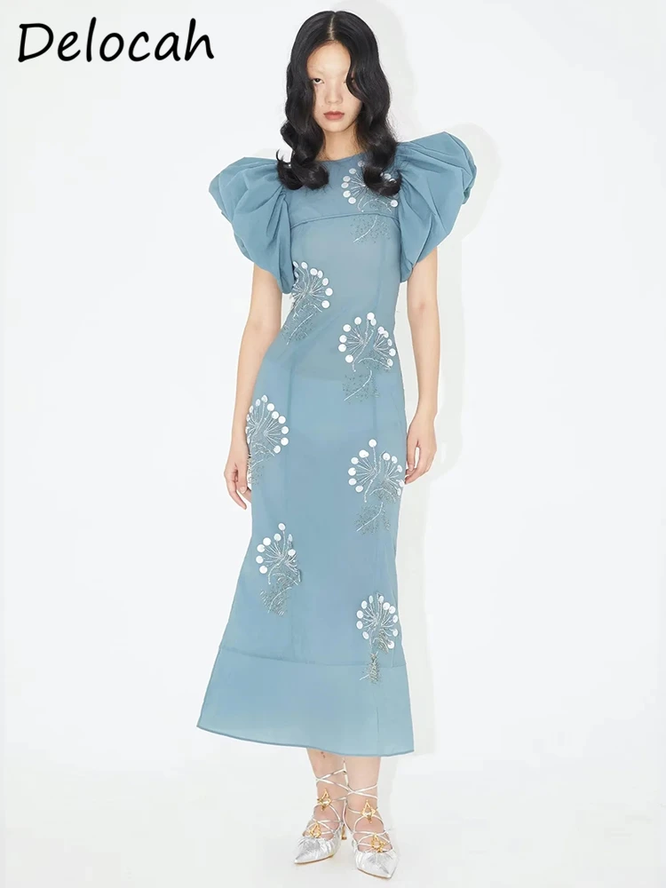 

Delocah High Quality Summer Women Fashion Designer Midi Dress Puff Sleeve Sequined Appliques Ruffles Hem Patchwork Blue Dresses