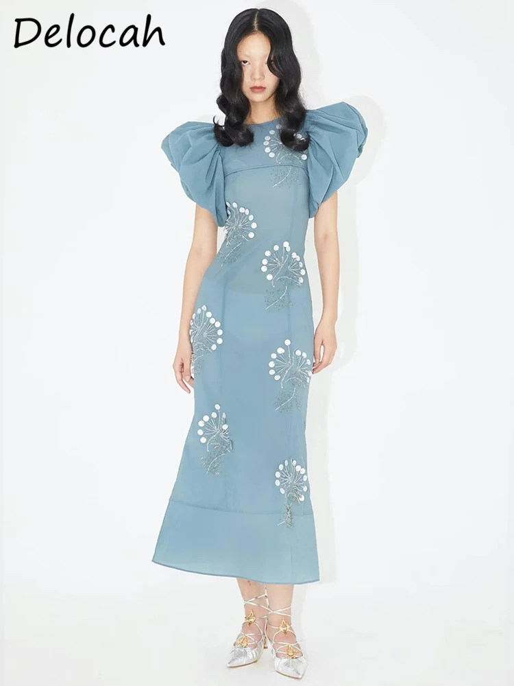 Delocah High Quality Summer Women Fashion Designer Midi Dress Puff Sleeve Sequined Appliques Ruffles Hem Patchwork Blue Dresses