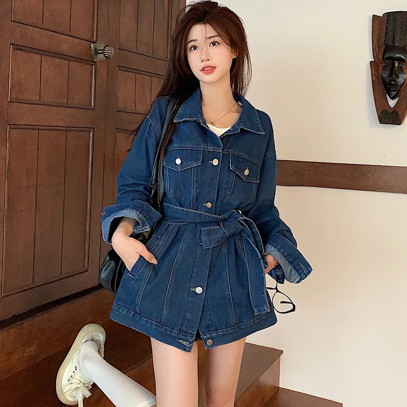 GIDYQ Vintage Denim Jacket Women Korean Loose Sash Tie Up Mid Length BF Denim Coat Y2k High Street Casual Chic Tops Autumn New