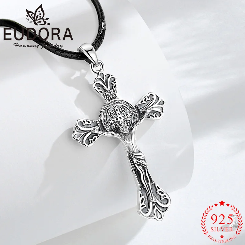 

Eudora 925 Sterling Silver Crucifix Cross Jesus Necklace Saint Benedict Pendant Amulet Religious Jewelry Gift for Men Women