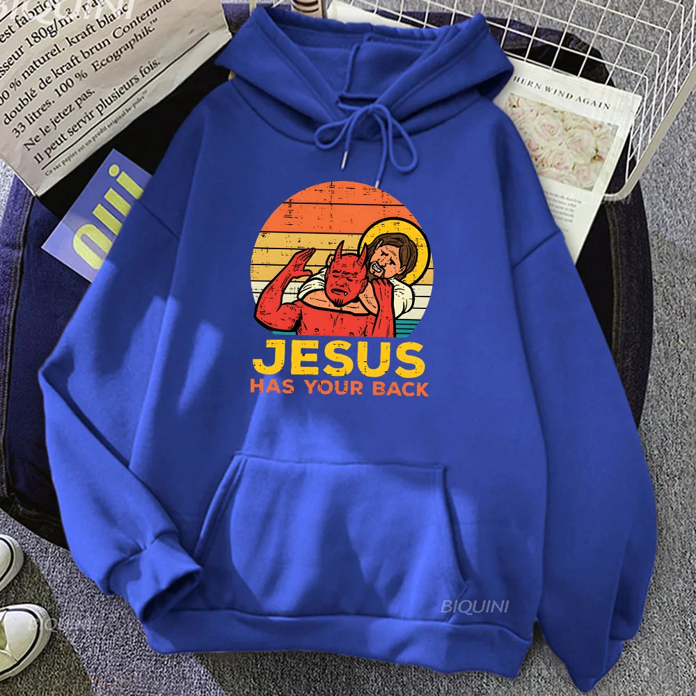 Jesus Has Your Back Jiu Jitsu Retro Christian Hoodie Women Men Vintage Long Sleeve Sweatshirts Ropa Hombre Sudaderas Winter Tops