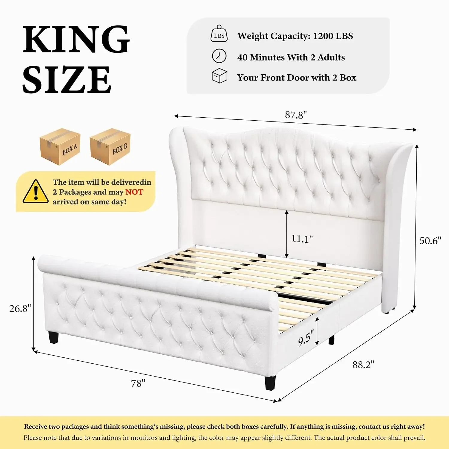 King Bed Frame,Chenille Upholstered Sleigh Bed with Scroll Wingback Headboard & Footboard,Luxury & Soft Button, Customized