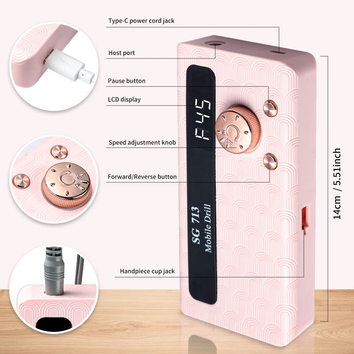 Taladro eléctrico para uñas de 45000RPM, pulidor de uñas recargable con Kit de taladro para uñas para pulido de uñas en Gel, herramienta de salón de uñas