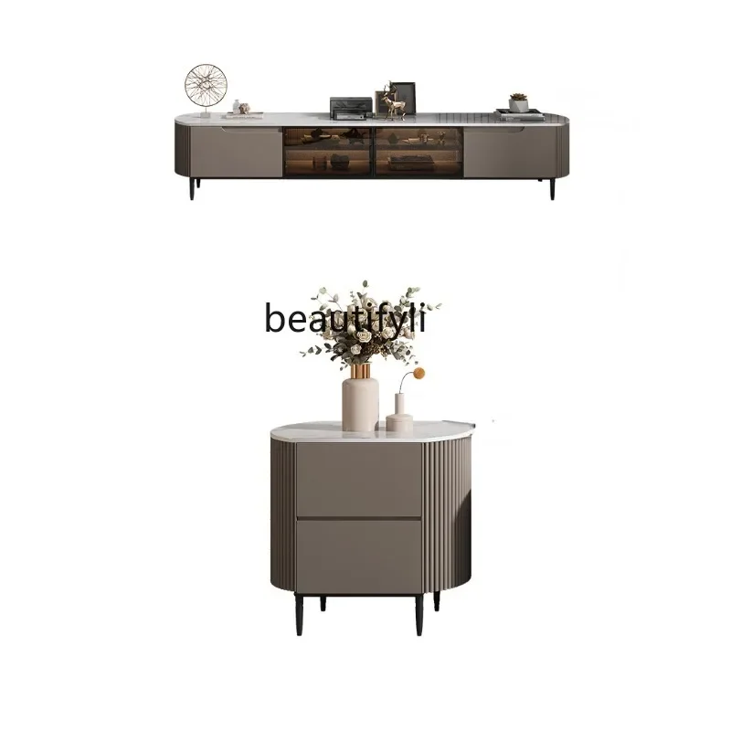 

xz1Italian Stone Plate Coffee Table TV Cabinet Combination Nordic round Large and Small Apartment Type Modern Storage Tea Table