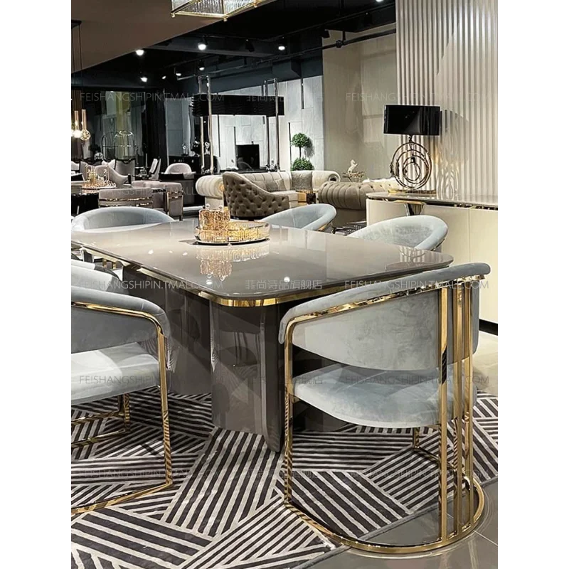 Family dining table, light luxury 6-person long dining table, gray solid wood dining table 2025 new dining table paint light lux