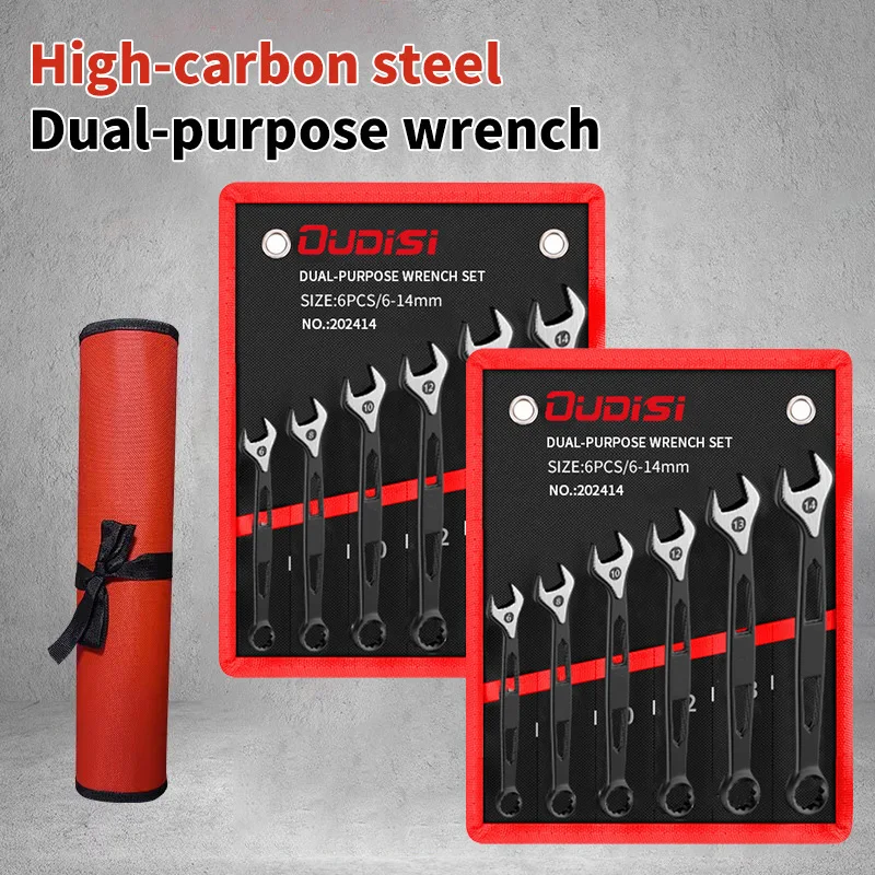 Schwarzes Schraubenschlüssel-Set mit zwei Enden – 12-teilige metrische und SAE-Größen mit robuster Aufbewahrungsrolle für Mechaniker