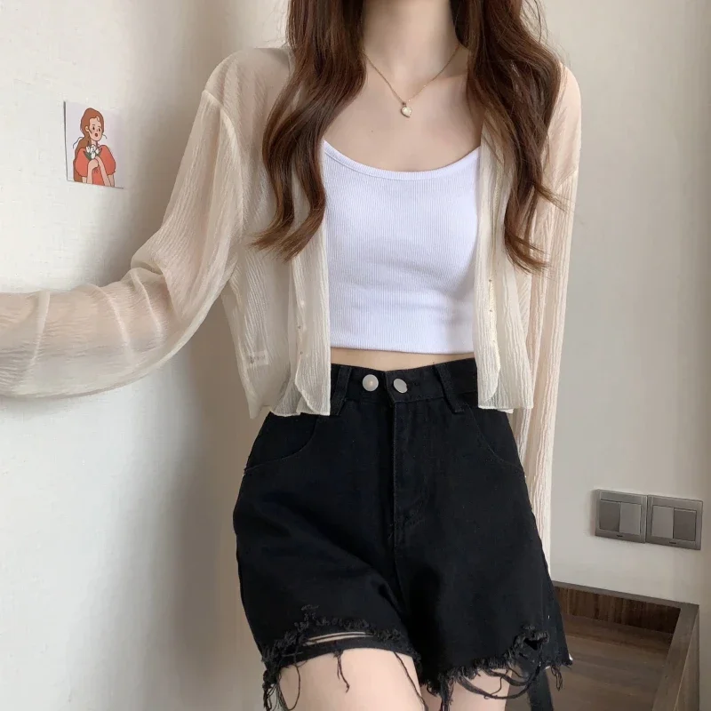 Sun-proof Shirts Women Sweet Vacation Thin Summer Crop Tops Loose Hot Sale Ins Pure Beach Style All-match Basic New Arrival Soft