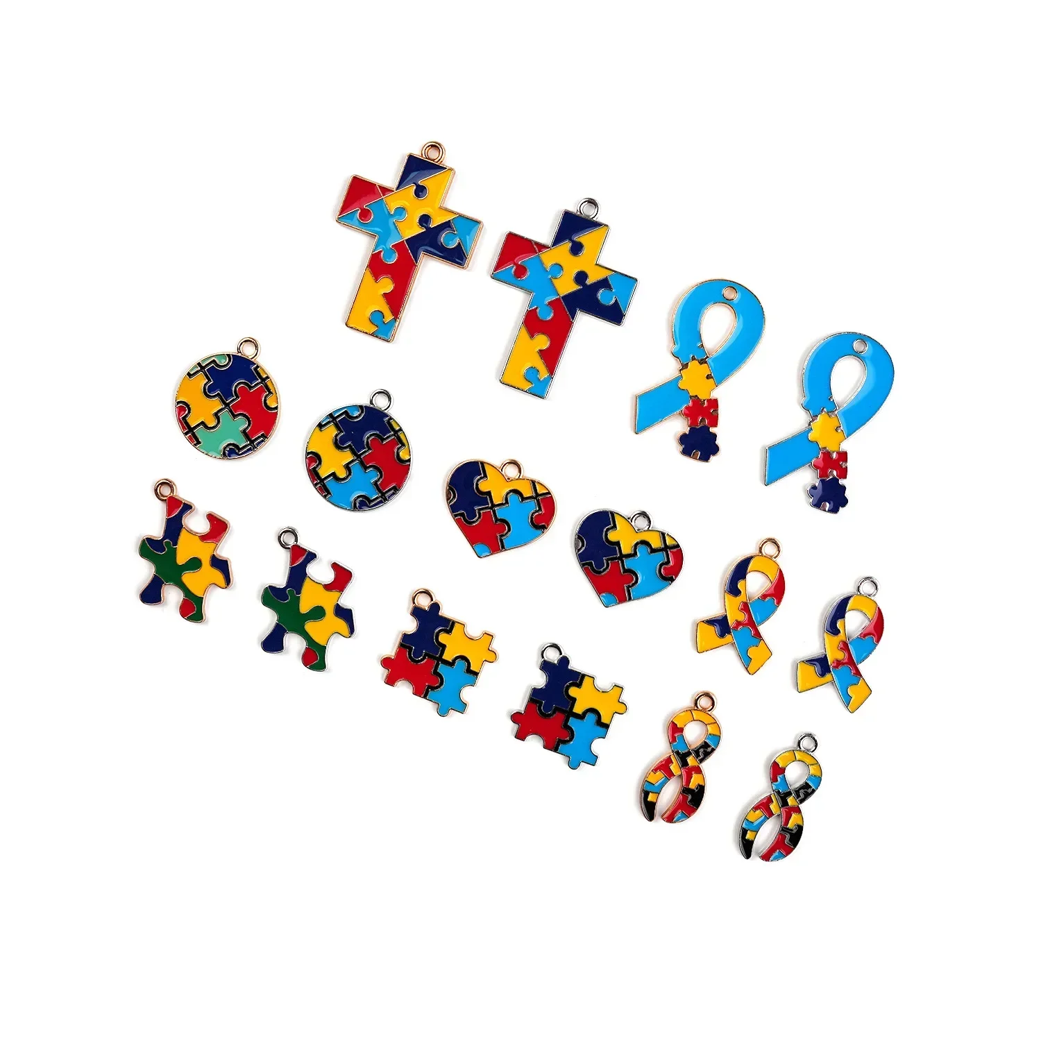 10pcs Autism Pattern Cross Earth Red Ribbon Heart Puzzle DIY Metal Enamel Charms Pendants for Bracelet Earrings Jewelry Making