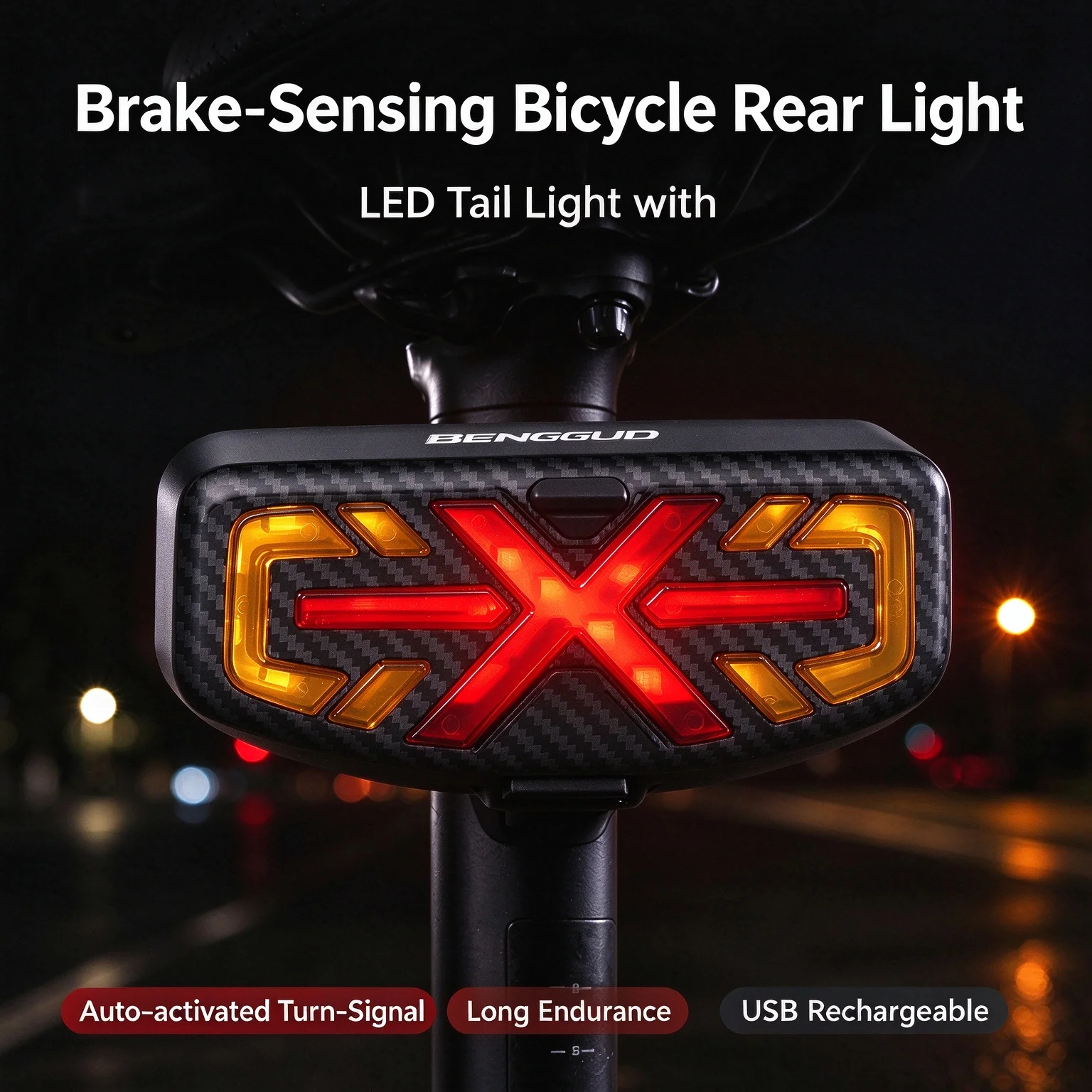 BENGGUO Bicycle Rear Light Brake Sensing Auto‑activated Turn‑Signal Long Endurance 5 Mode Taillight Cycling Accessories