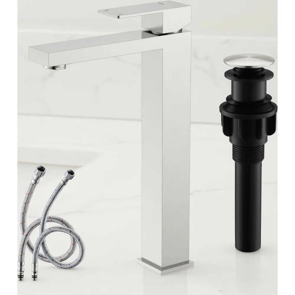 

Brushed Nickel Vessel Sink Faucet Single Handle Tall Bathroom Vanity Basin Mixer Tap with Pop Up Drain
