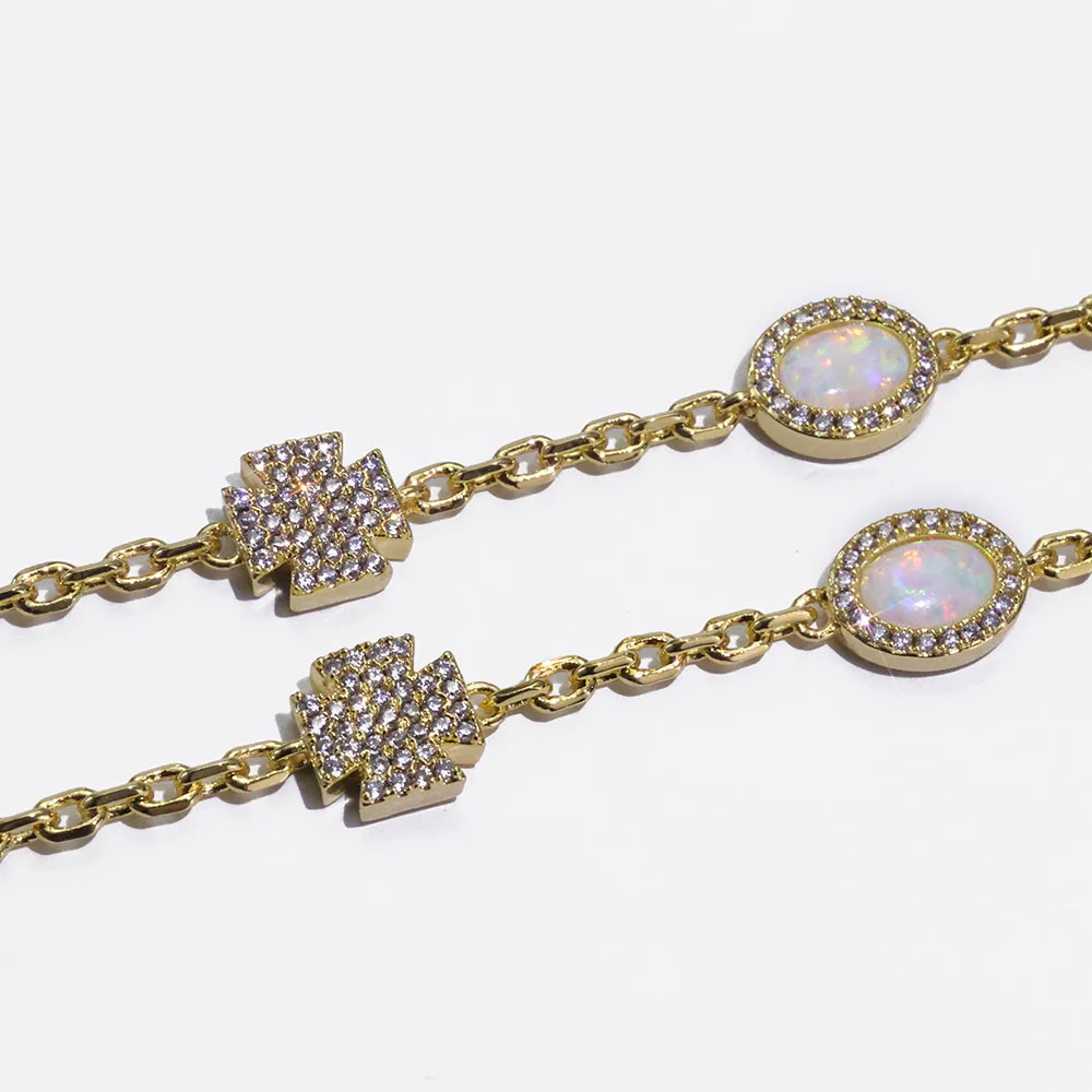 

Bling Iced Out Simple Cross Elliptical Opal Necklace Shiny Popular Link Chain Charm Bracelet Hip Hop Jewelry