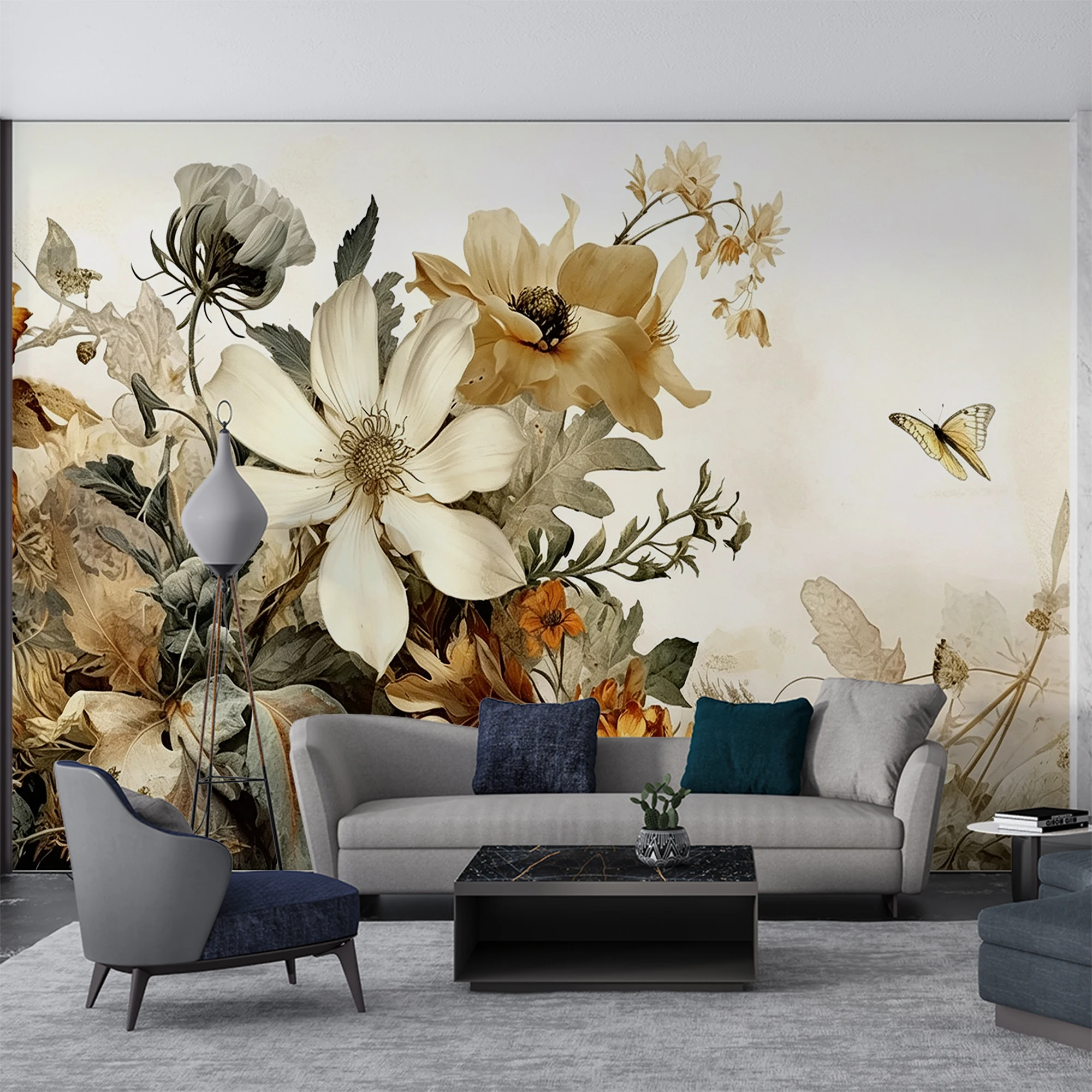 Customized 3D Retro Vintage Floral Wall Mural Dried Wild Flower Butterfly Wallpaper For Living Room Bedroom  Home Wall Decor
