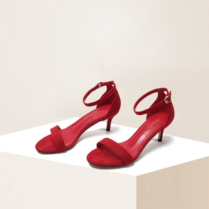 Bright Red One-button Buckle Sandals Women New Summer Sexy Slim 5cm Medium High Heel Stiletto Pumps Daily Wear Casual Shoes