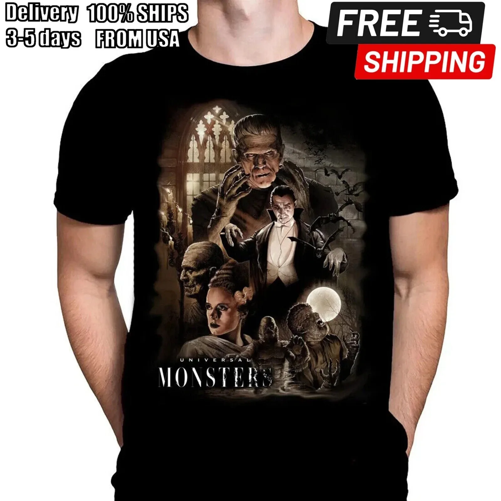 УНИВЕРСАЛЬНЫЕ МОНСТРЫ - ИСКУССТВО ПЛАКАТА ФИЛЬМ - ФУТБОЛКА / ЛЕТ-ХОРОЙ КЛАССИКИ