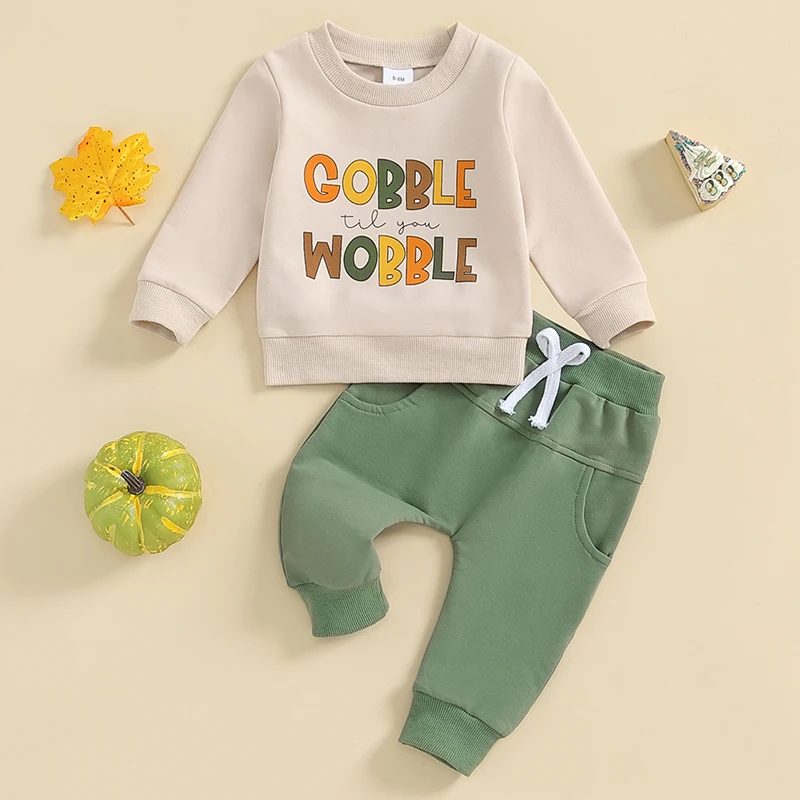 

Baby Boys Autumn Clothings Set Long Sleeve Crew Neck Letters Print Sweatshirt with Pants Thanksgiving Clothes Pants Outfits