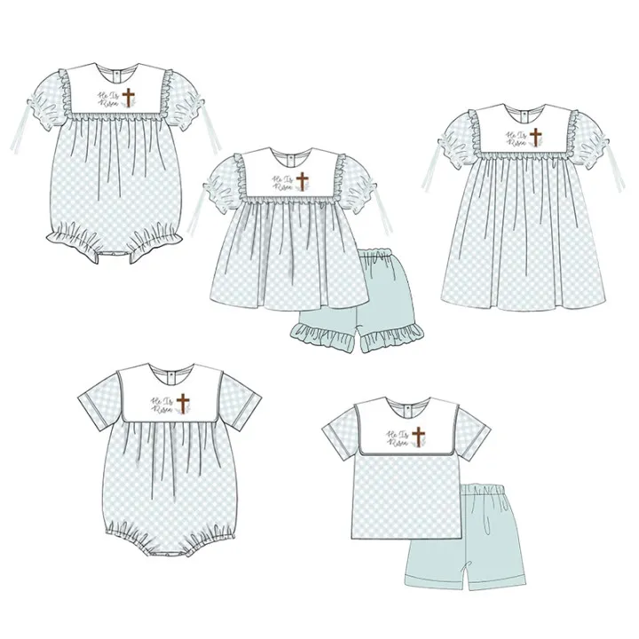 Easter Boutique Short Sleeve T-shirt Round Neck He Is Risen Embroidery Girl Romper Boy Blue Top Clothes And Pleated Skirt Pants