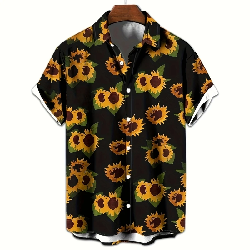 Hawaiian Men's Shirt Loose Printed Short Sleeve 3d Flower Graphic Tee Lapel Button Shirts Beach Party Clothing Oversized Men Top