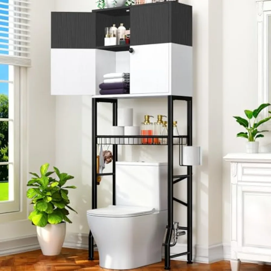 

Over-The-Toilet Storage Rack, 4-Tier Bathroom Organizer Shelf Over Toilet with Barn Doors Cabinet and Basket, Freestanding Spac