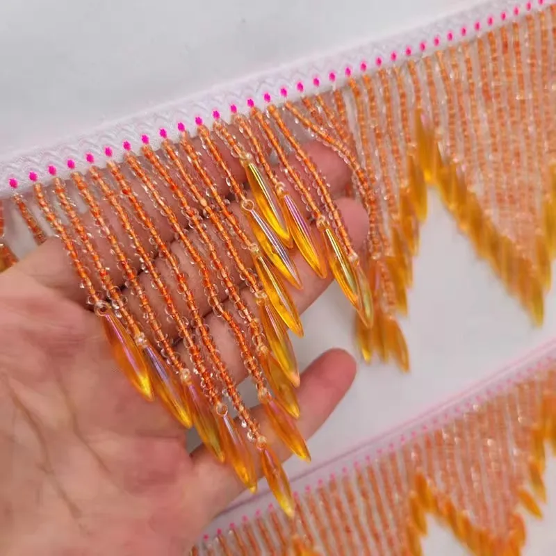 

1yard 10cm wide Dress Craft lace toothed wave semi transparent glass bead hanging bead tassel lace trim