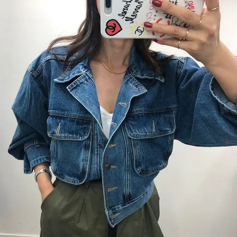 Cropped Oversized Denim Jacket Women Spring Autumn Outerwear Stylish Puff Sleeve Washed Blue Ladies Jeans Jackets Coat