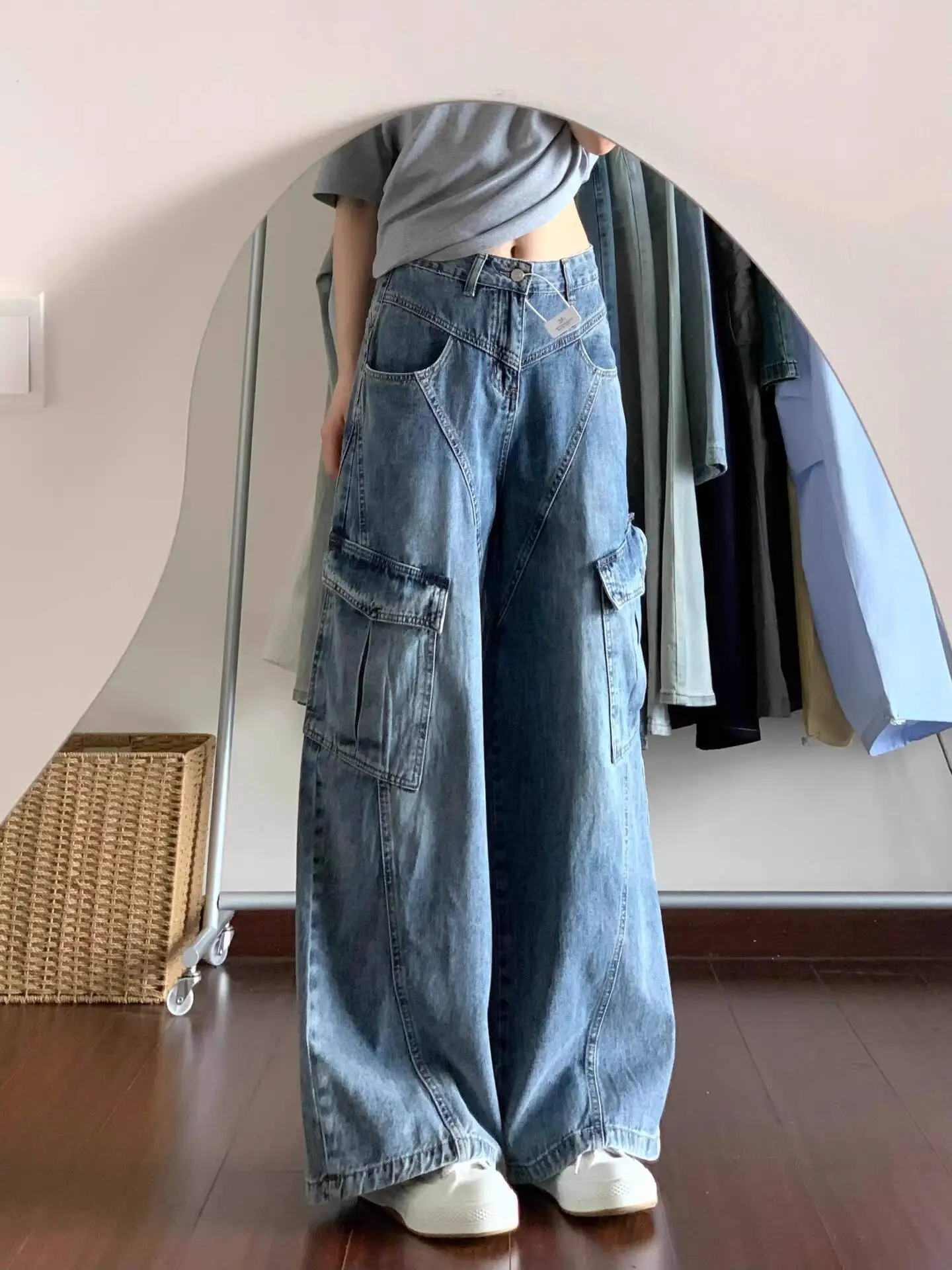 

Autumn Winter Women's Design Forward Jeans High Waisted Vintage Cargo Straight Leg Wide Leg Denim Pants Loose Hips & Slims