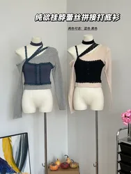 Harajuku t-shirt a maniche lunghe Retro Sweet Student Skew Collar Lace Halter Tees Off spalla Crop Top Patchwork Y2K Streetwear