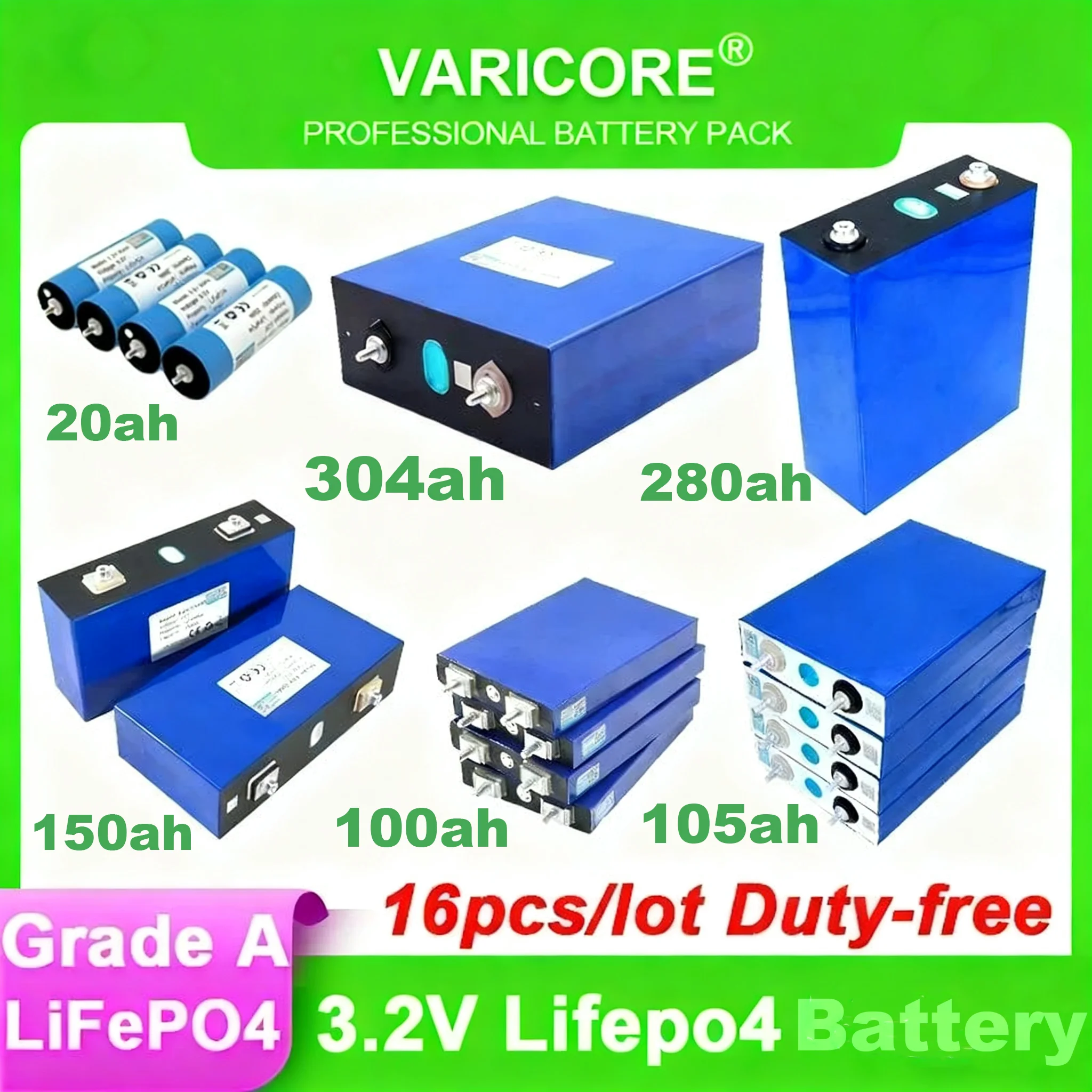 16 шт., 3,2 В, 310 Ач, 280 Ач, 105 Ач, фосфатный элемент Lifepo4 для 12 В, 24 В, 48 В, кемперов, гольф-каров, внедорожных, внедорожных, солнечных батарей, ветров