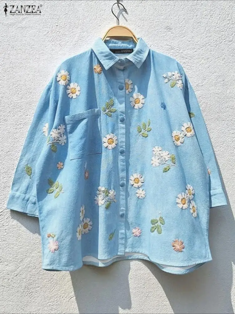 

ZANZEA Autumn Floral Printe ShirtsKorean Style Blusas Women 3/4 Sleeve Pockets Tops 2025 Fashion Solid Color Lapel Neck Tunic