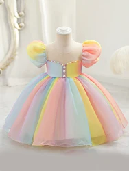 1 piece rainbow mesh ruffled back bow bubble sleeve toddler girls spring and summer dress dress princess dresses