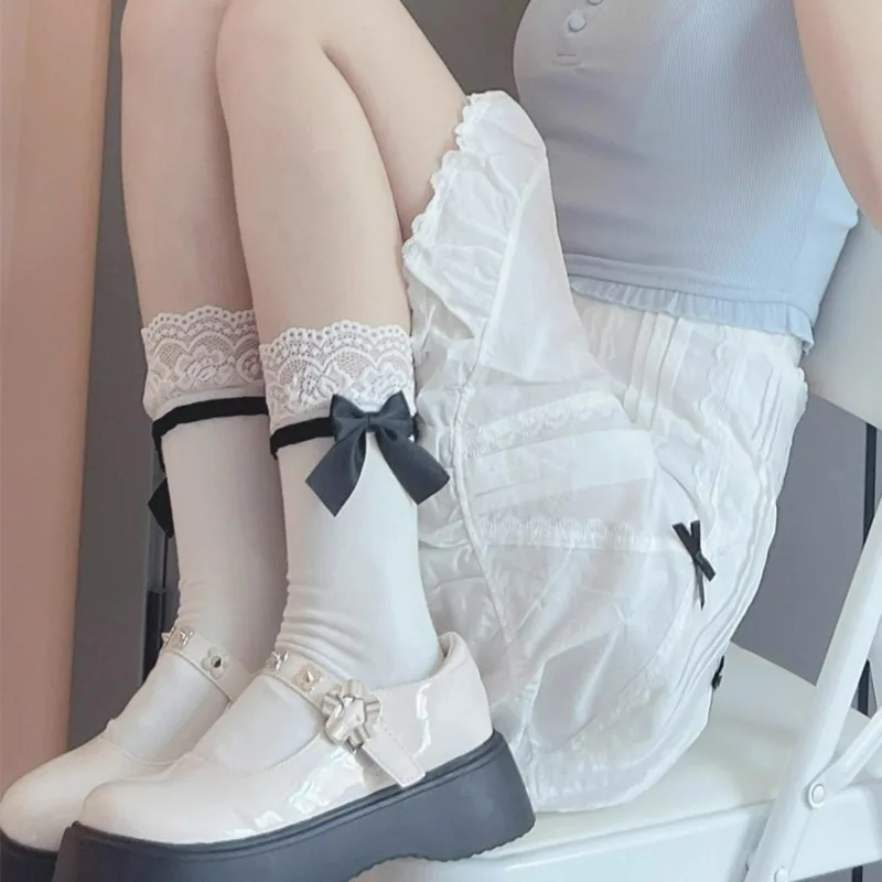 

Women's Lace Bow Socks Long Middle Tube Korean Sweet style Girly Slimming Thin Bow White Black Cute Calf Lolita Fashion Socks