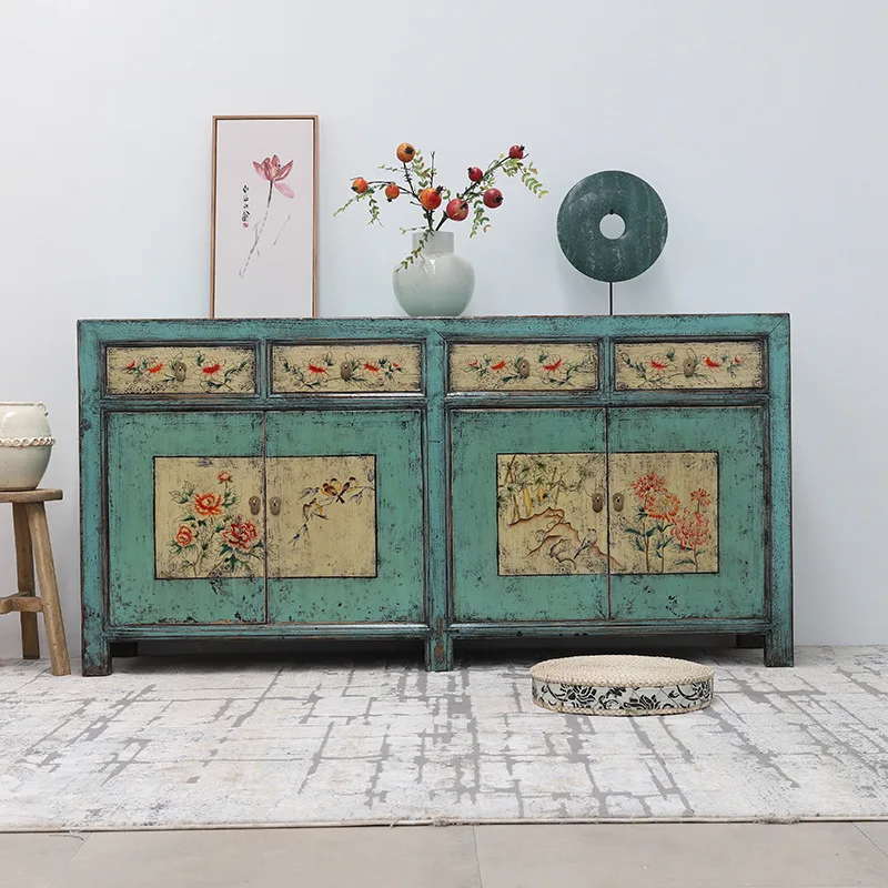 

New Chinese-style solid wood dining side cabinet, retro classical four-drawer four-door hand-painted locker, cupboard, living
