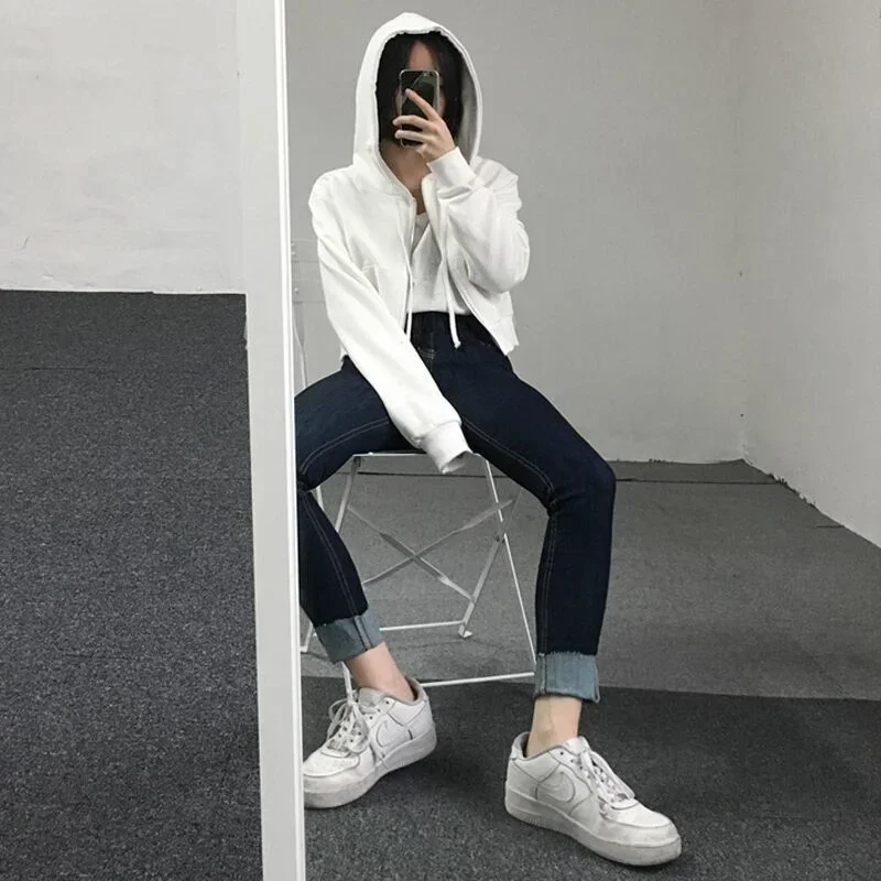 

Y2k Hoodies Women Hooded Short Style Zipper Slim Harajuku Chic Trendy Simple All-match Thin Long Sleeve Gothic New Streetwear