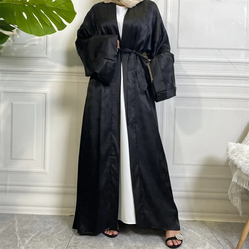 두바이 새틴 여성 이슬람 오픈 abayas 기모노 맥시 드레스 터키 아랍 가운 kaftan 이슬람 의류 eid 라마단 jalabiya caftan