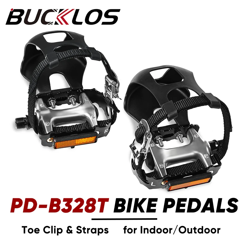 

BUCKLOS PD-B328T Bicycle Flat Pedal wiht Toe Clip&Strap Aluminum Alloy Non-slip Pedals for Indoor Exercise Bicycle Spinning Bike