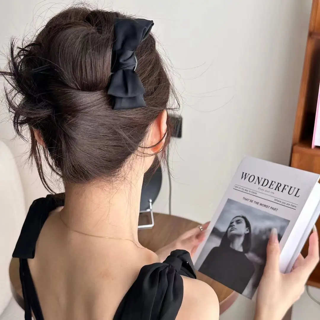 

New Chinese Style U Shape Hairpin Elegant Hair Clip for Women Daily Style Fabric Bow Hairstick Hair Accessories Black Hairbow