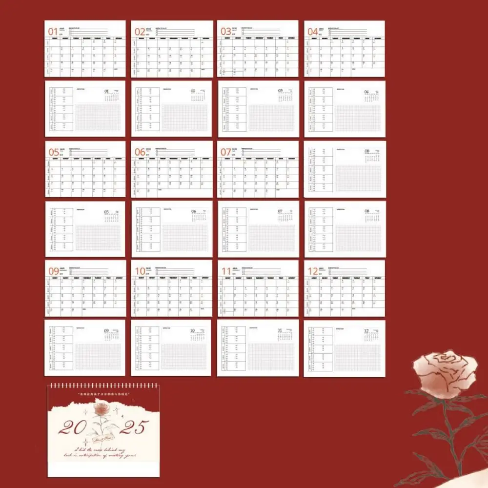 Creative Roses Monthly Calendar Floral Coil 12-Month Romantic Roses Desk Calendar Thick Paper Vintage 2025 Monthly Planner