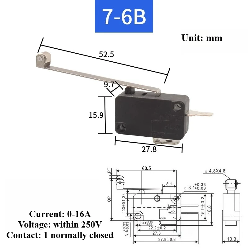 Small micro switch handle length 52mm, with extended roller, water heater, water heater stroke limit switch