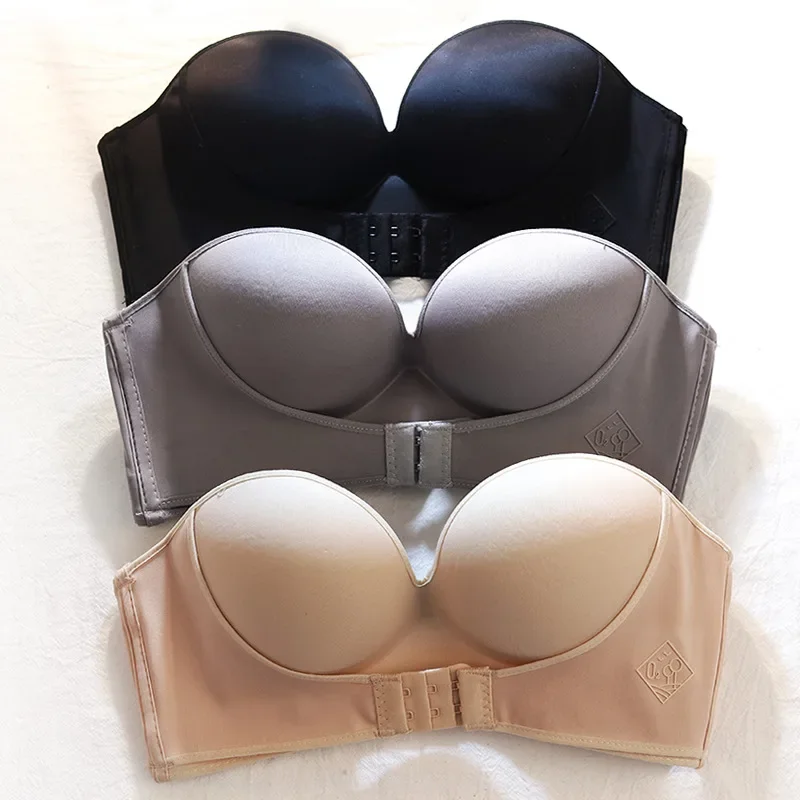 Women Sexy Strapless Push Up Bra Front Closure Bralette Invisible Bras Underwear Lingerie 1/2 Cup Seamless Brassiere ABC Cup