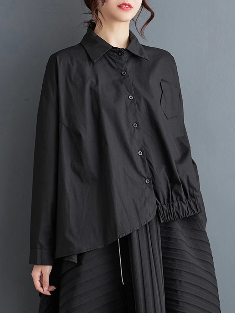 Asymmetrical Black Vintage Oversized Shirt Women Long Sleeve Loose Casual Blouse Top Fashion Clothing New Spring Autumn 2024