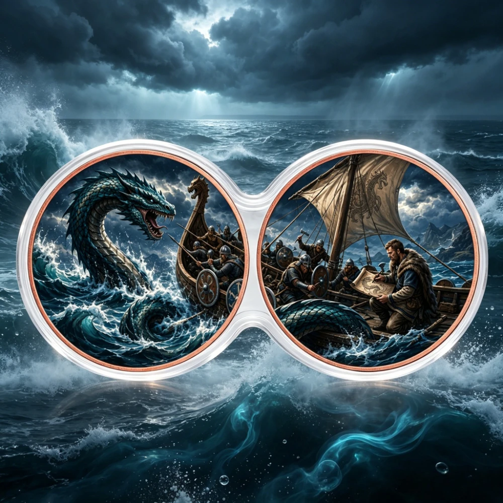 2pcs 1 oz .999 Fine Copper Coin Connected Twin Seamless Round Viking Longship Sea Serpent Storm Ocean Deep Collectible Medal