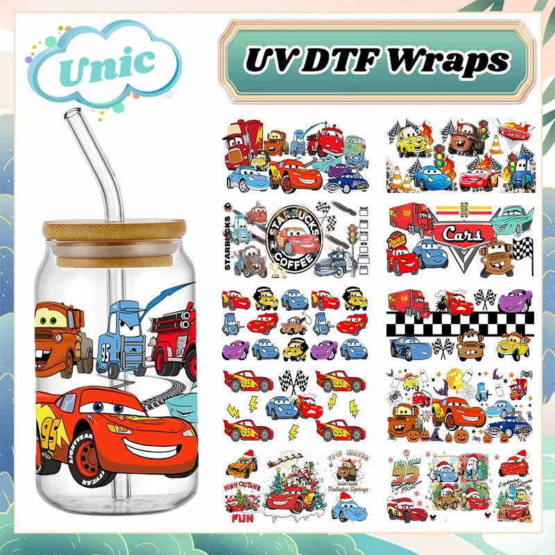 Pegatina de transferencia UV DTF con patrón de coches de dibujos animados de Disney, calcomanías de transferencia impermeables para pegatinas de